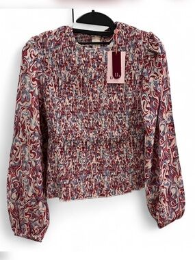 UDELNY - Smocked Long-Sleeve Blouse in Red Multi Swirl